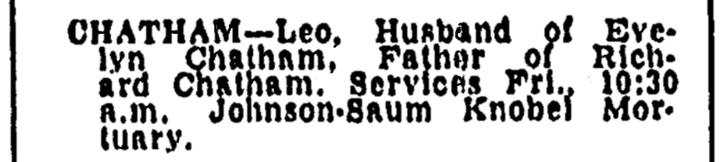 A death notice for Leo Chatham, San Diego Union newspaper 1 April 1955