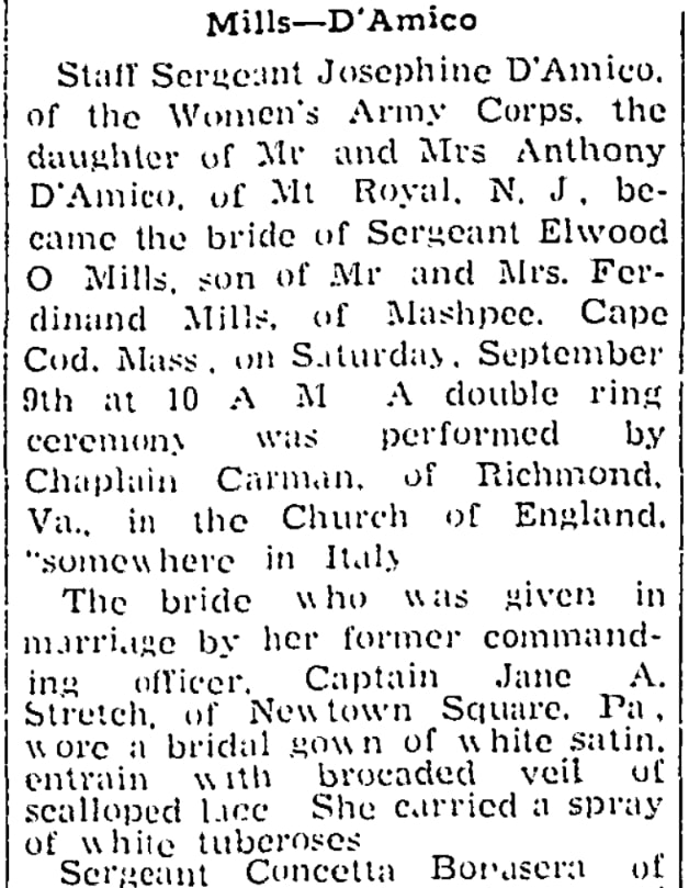 An article about the Mills-D'Amico wedding, Woodbury Daily Times newspaper 29 September 1944