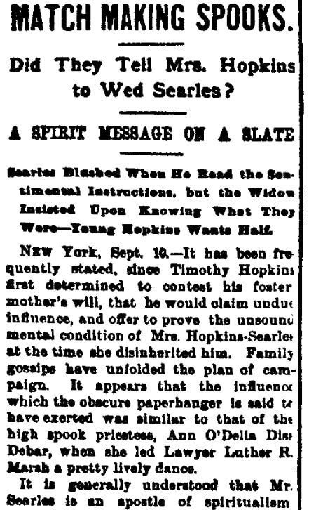 An article about the contested will of Mary (Hopkins) Searles, Evening Journal newspaper 10 September 1891