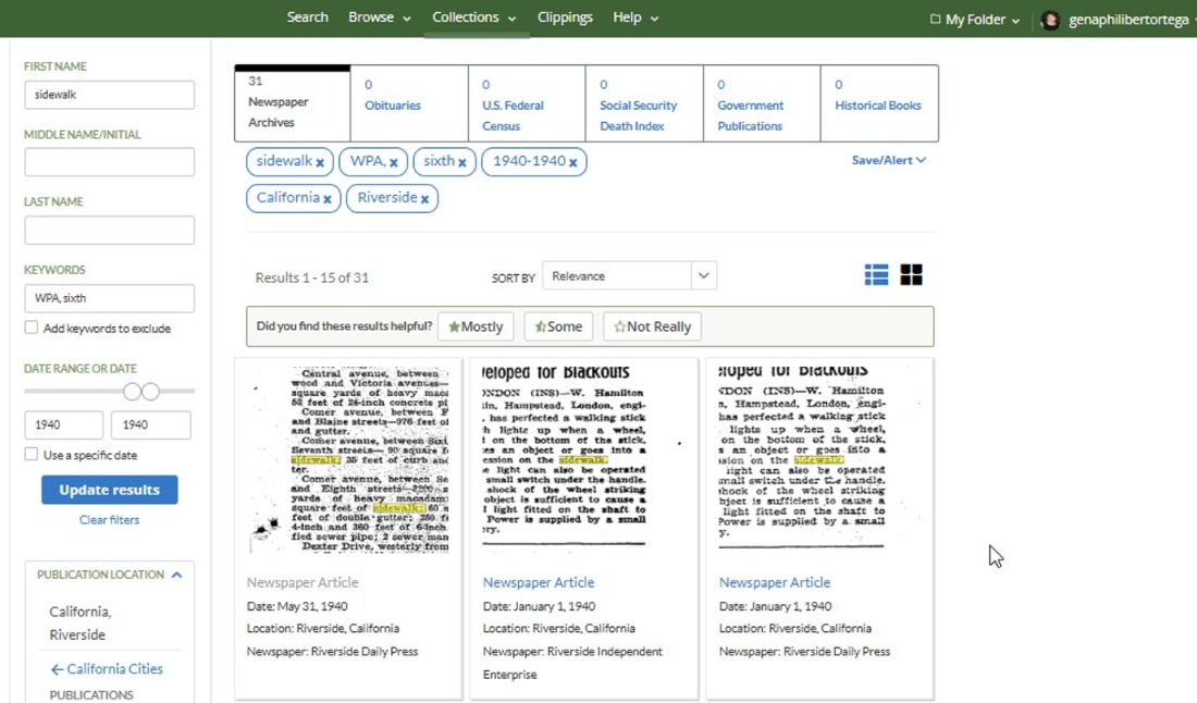 Screenshot of GenealogyBank showing results for a search on WPA mentions in 1940.