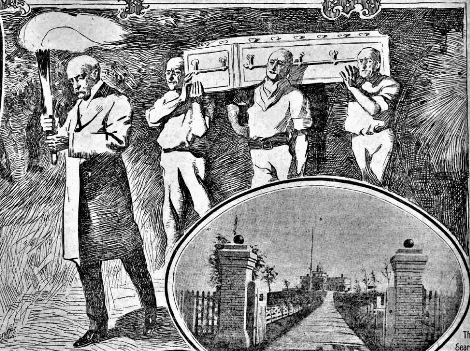 Illustration: Edward Searles heads funeral procession as staff carry Mary’s coffin, from New York Journal and Advertiser, (New York, New York), 2 July 1899. Credit: Library of Congress.