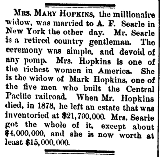 An article about the Searles-Hopkins wedding, Kenosha Telegraph newspaper 18 November 1887