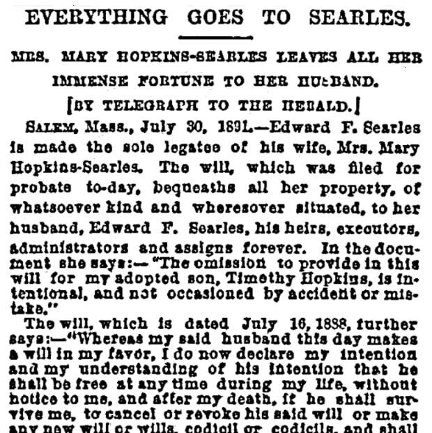 An article about Edward Searles, New York Herald newspaper 31 July 1891