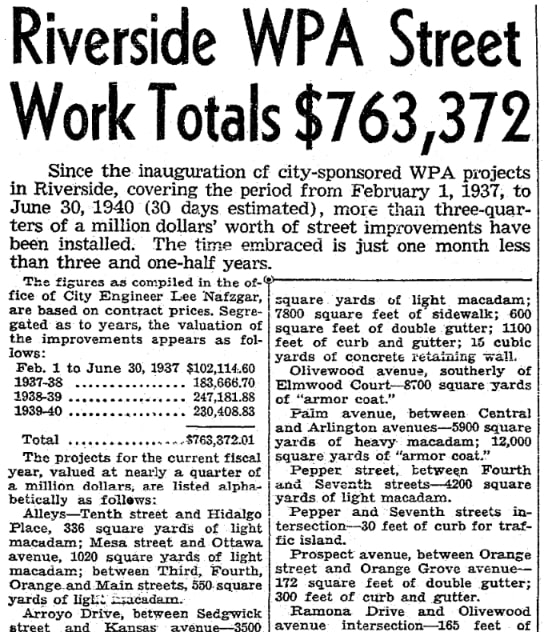 An article about WPA street work, Riverside Daily Press newspaper 31 May 1940