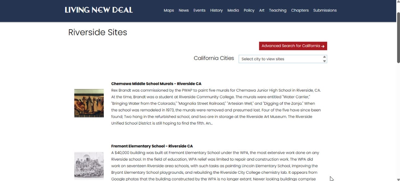 Screenshot: Living New Deal search, showing results for Riverside, California. Credit: Living New Deal.