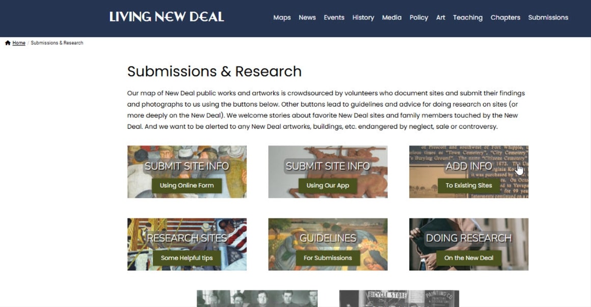Screenshot: Living New Deal, Submissions & Research page. Credit: Living New Deal.