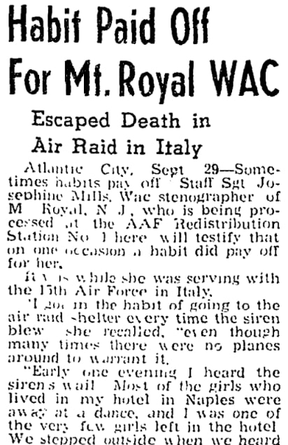 An article about Josephine D'Amico, Woodbury Daily Times newspaper 29 September 1945