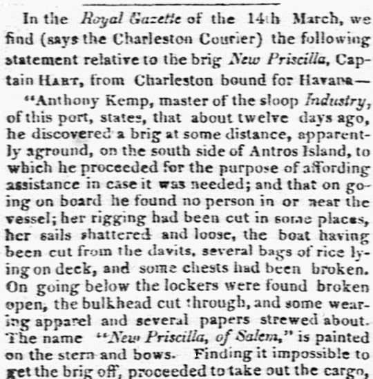 An article about the ship "New Priscilla," Baltimore Patriot newspaper 15 April 1829