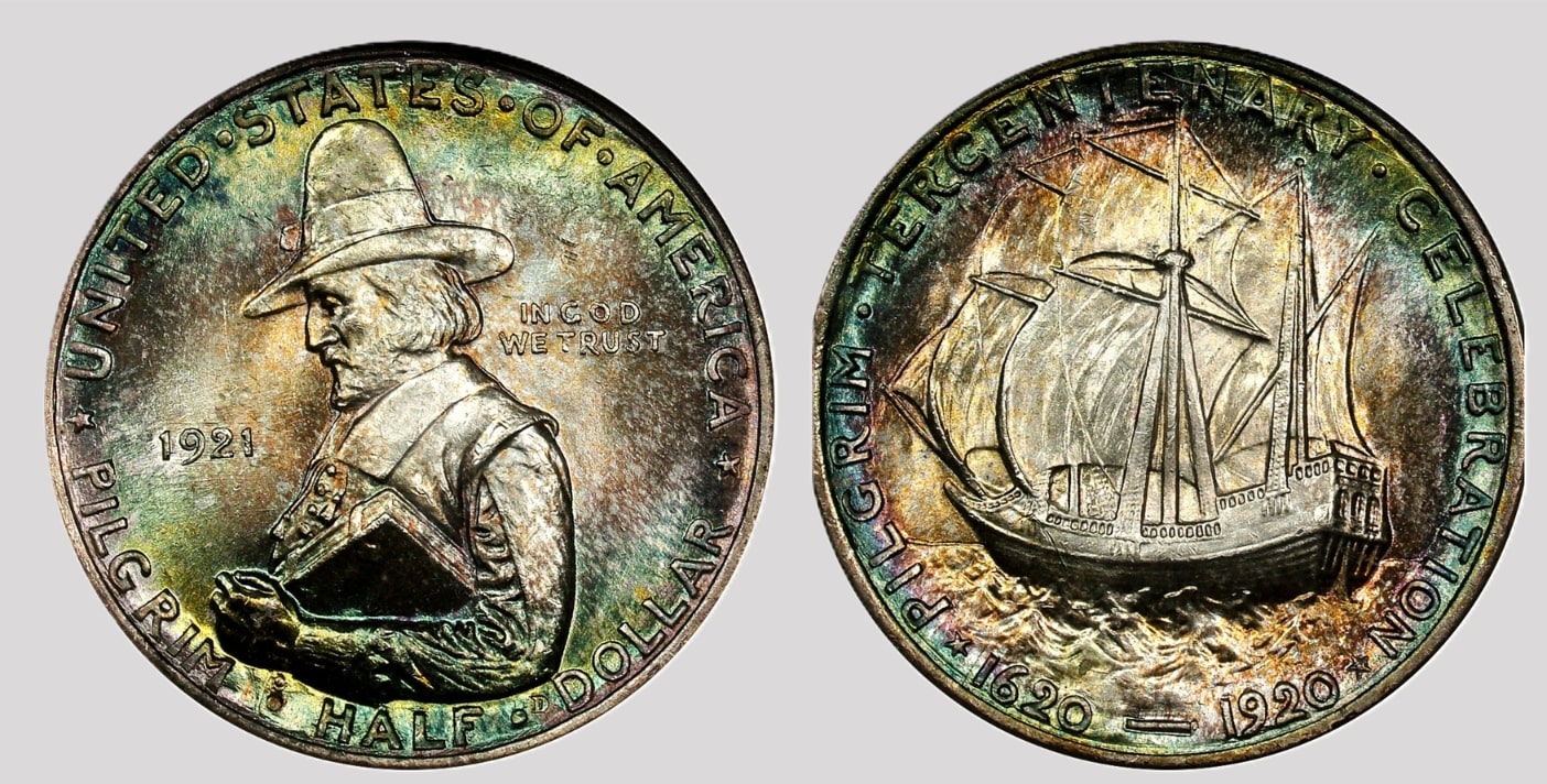 Photos: the Pilgrim Tercentenary Half Dollar. Credit: American Numismatic Association.