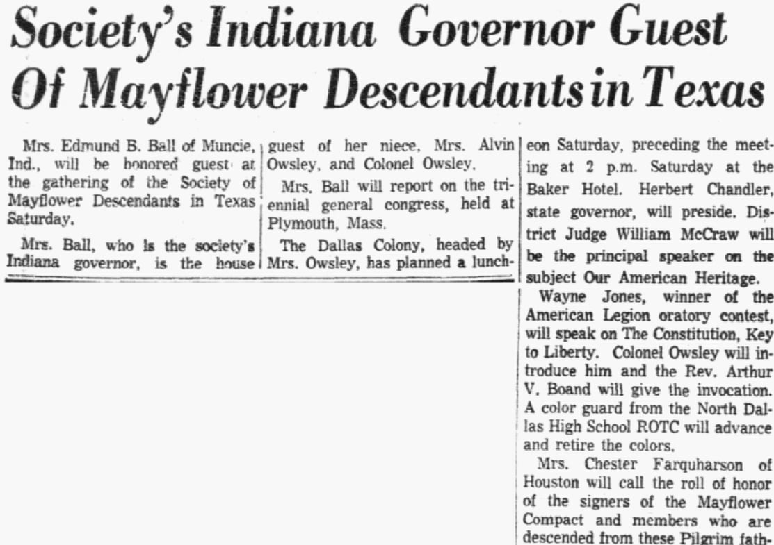 An article about Mayflower descendants, Dallas Morning News newspaper 2 April 1955
