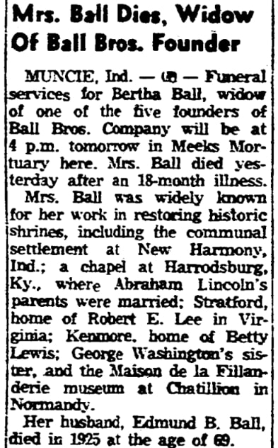 An article about Bertha Ball, Evansville Press newspaper 8 October 1957