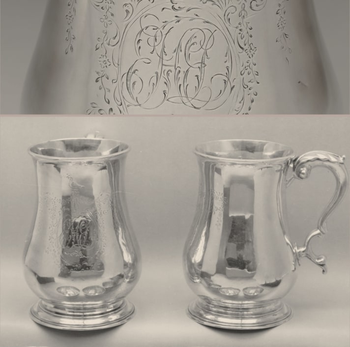Photos: a pair of silver canns (mugs) made by Paul Revere for Elias and Elizabeth Derby, with their interlaced script monogram, EHED, engraved on the front of each. Credit: Metropolitan Museum of Art.