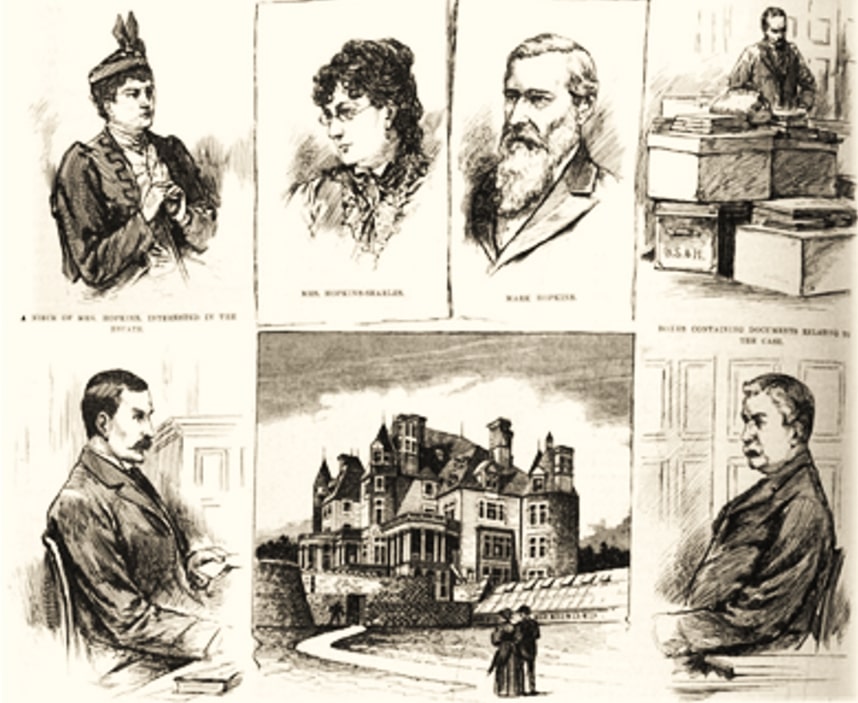 Illustrations: scenes of the court proceedings regarding the contested will of Mary (Hopkins) Searles. Credit: Frank Leslie’s Illustrated Newspaper 7, 1891.