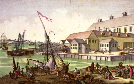 Illustration: scene along the Salem, Massachusetts, waterfront, c. 1770–1780, by Balthasar Friedrich Leizelt. Credit: Library of Congress, Prints and Photographs Division.