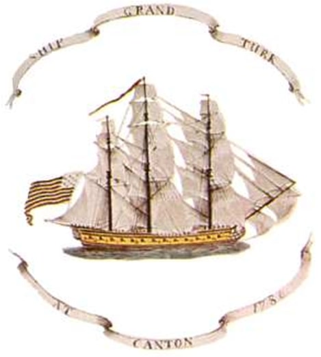 Illustration: a painting of the “Grand Turk” on the Grand Turk Punch Bowl, made at Canton in 1786 tor Elias Hasket Derby, who gave it to Captain Ebenezer West. Credit: Salem Public Library.