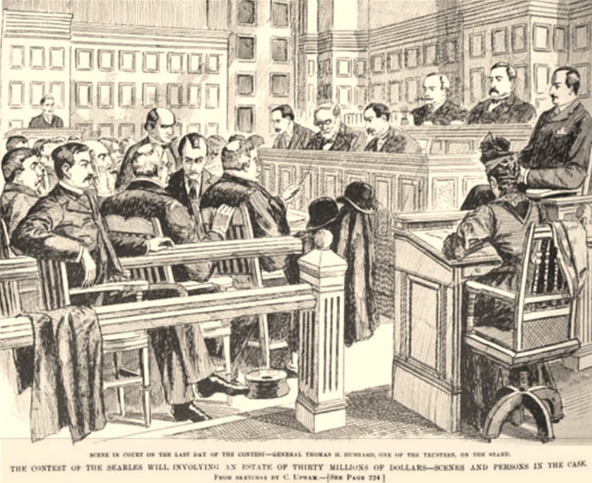 Illustration: court scene, Hopkins millions. Credit: sketch by C. Upam; Frank Leslie’s Illustrated Newspaper 7, 1891.