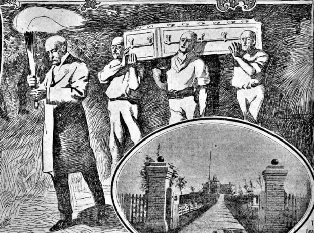 Illustration: Edward Searles heads funeral procession as staff carry Mary’s coffin, from New York Journal and Advertiser, (New York, New York), 2 July 1899. Credit: Library of Congress.