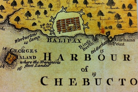 Illustration: map showing John Gorham's Point, Halifax, Nova Scotia, by M. Harris, 1750. Credit: Nova Scotia Archives; Wikimedia Commons.