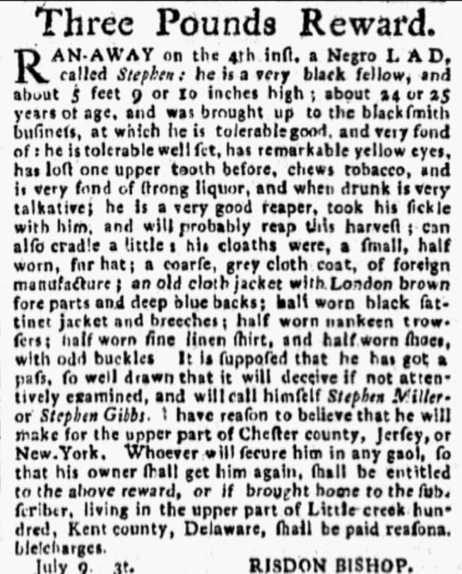 A runaway ad, Pennsylvania Packet newspaper 28 July 1789