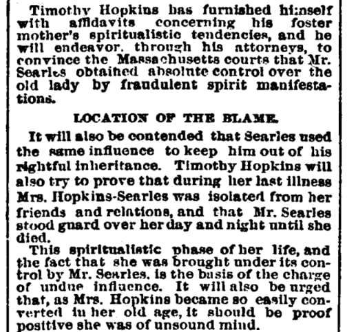 An article about the contested will of Mary Hopkins-Searles, Pittsburg Dispatch newspaper 11 September 1891