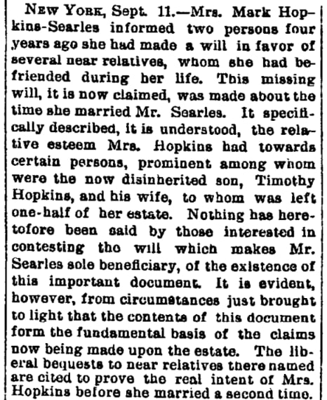 An article about the contested will of Mary Hopkins-Searles, Salt Lake Herald newspaper 12 September 1891