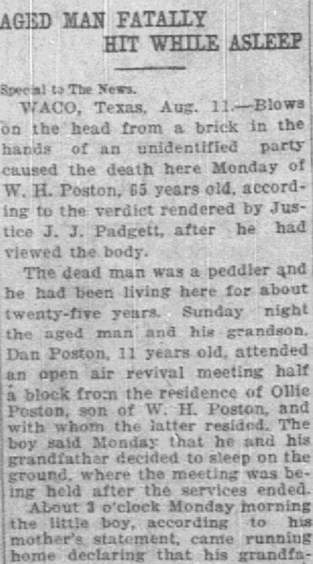 An article about William Polston, Dallas Morning News newspaper 12 August 1924