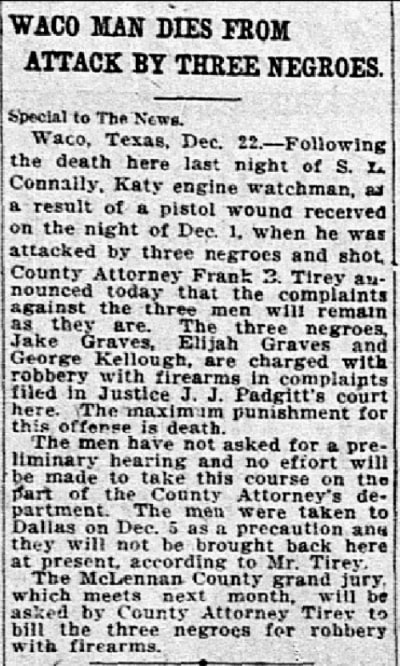 An article about Sam Connally, Dallas Morning News newspaper 23 December 1921