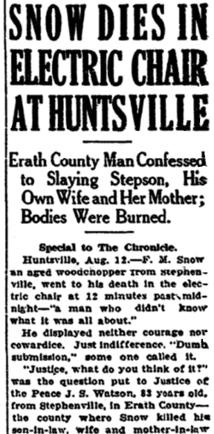 An article about F. M. Snow, Houston Chronicle newspaper 12 August 1927