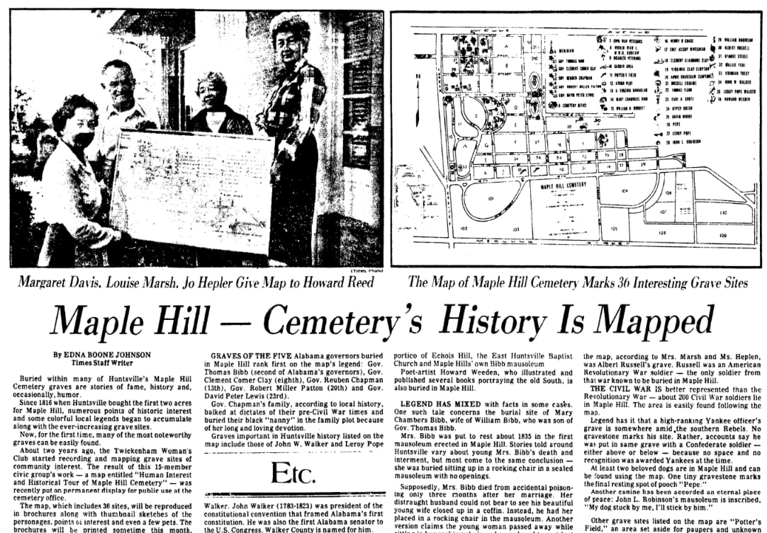 An article about the Maple Hill Cemetery map, Huntsville Times newspaper 11 November 1980