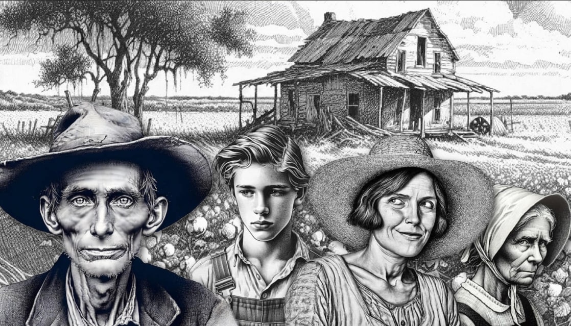 Illustration: an AI-generated image depicting (left to right) F. M. Snow, Bernie Connally, Maggie Snow, and Samantha Olds. Credit: James Pylant.