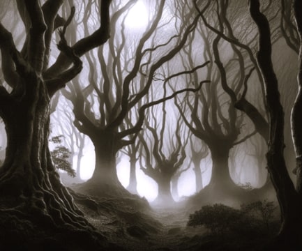 Illustration: an AI image of “Suicide Grove,” the woods where J. F. Klinghardt hung himself. Credit: Melissa Davenport Berry.