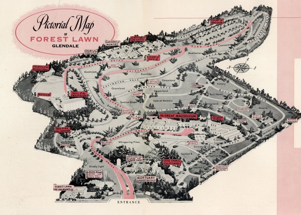 Map: Forest Lawn Pictorial Map and Guide, Forest Lawn, Glendale, Los Angeles County, California, 1955. Credit: from the author’s collection.