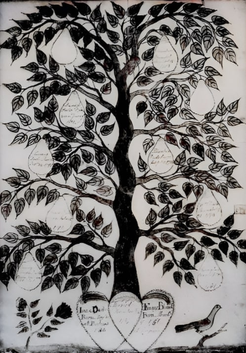 Photo: family needlepoint genealogy tree sampler. Credit: C. Leon Harris.