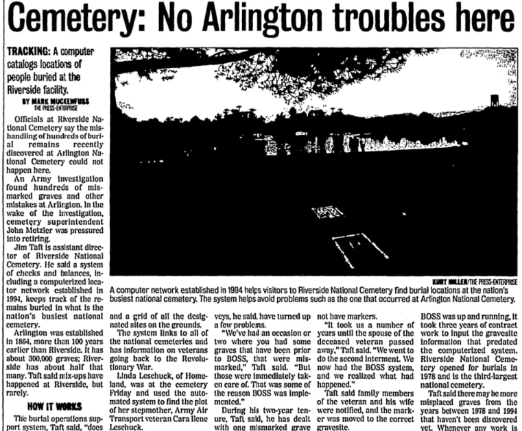 An article about the Riverside National Cemetery map, Press-Enterprise newspaper 13 July 2010