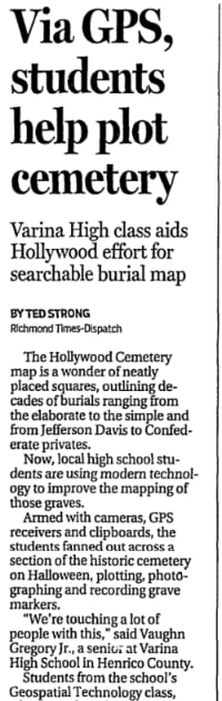 An article about the Hollywood Cemetery map, Richmond Times-Dispatch newspaper 4 November 2014