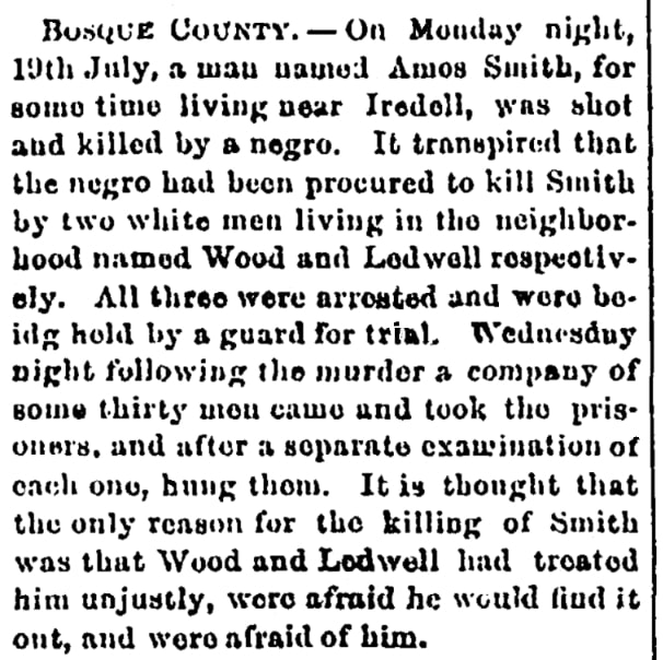 An article about Amos Smith, San Antonio Express newspaper 4 August 1875