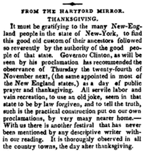 An article about Thanksgiving, American Traveller newspaper 1 November 1825