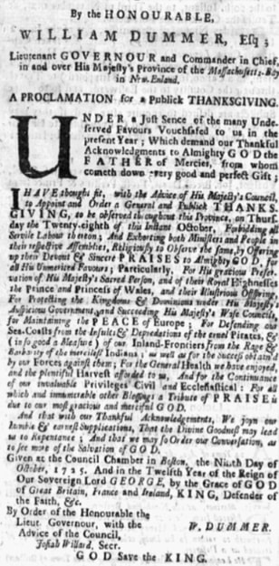 An article about Thanksgiving, Boston News-Letter newspaper 14 October 1725