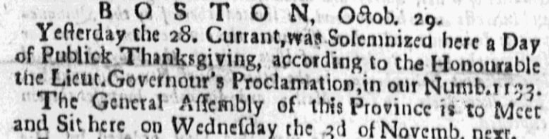 An article about Thanksgiving, Boston News-Letter newspaper 29 October 1725