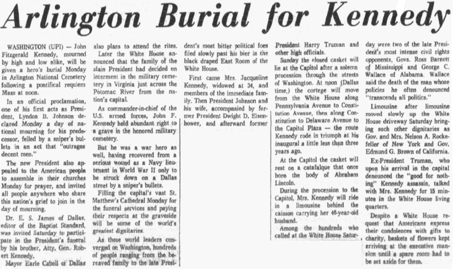 An article about the assassination of President John F. Kennedy, Dallas Morning News newspaper 24 November 1963