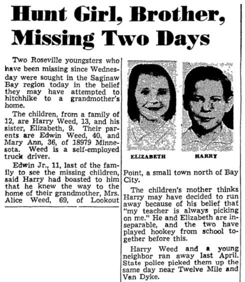An article about missing children, Detroit News newspaper 31 October 1954