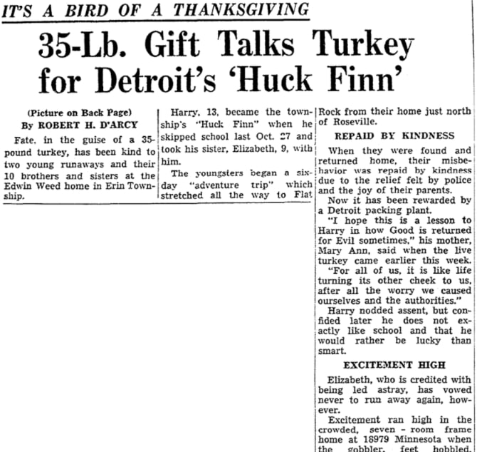 An article about the Weed family's Thanksgiving, Detroit News newspaper 25 November 1954