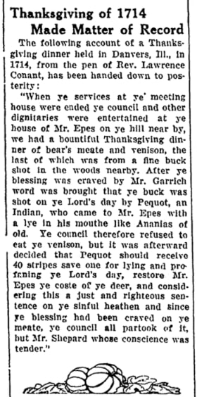 An article about Thanksgiving in 1714, National Labor Tribune newspaper 5 November 1925