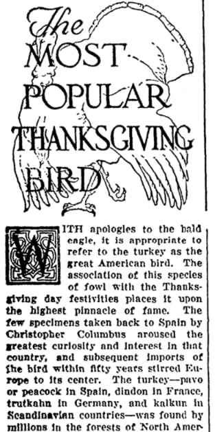 An article about Thanksgiving turkeys, National Labor Tribune newspaper 5 November 1925