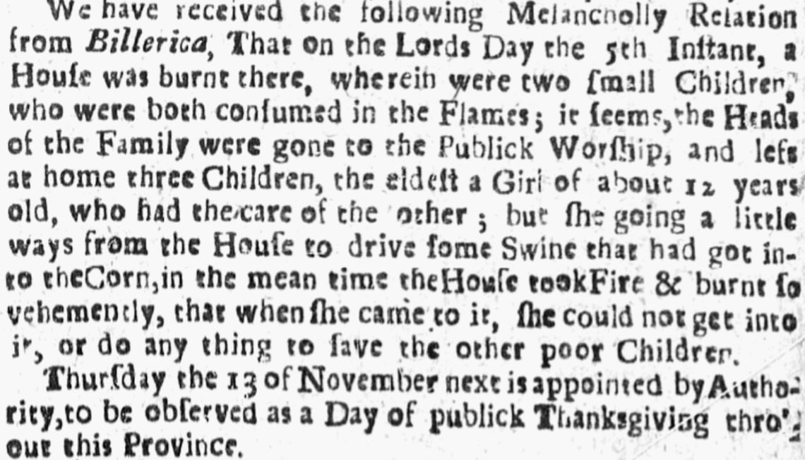 An article about Thanksgiving, New England Weekly Journal newspaper 13 October 1729