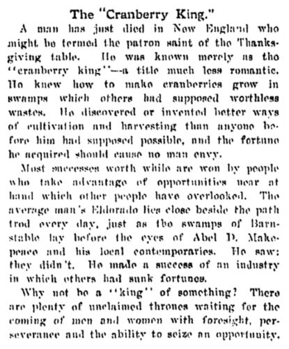 An article about Abel Makepeace, Plain Dealer newspaper 4 July 1913