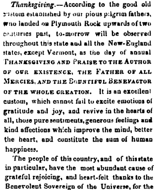 An article about Thanksgiving, Statesman newspaper 24 November 1825