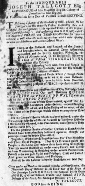 An article about Thanksgiving, Weekly News-Letter newspaper 6 November 1729