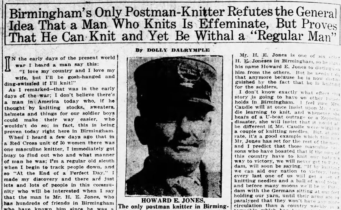An article about Americans knitting for WWI soldiers, Birmingham Age-Herald newspaper 12 December 1917