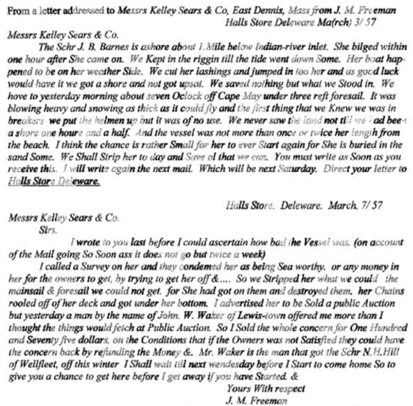 Photos: two letters addressed to Kelley, Sears & Co. from J. M. Freeman of Halls Store in March 1857. Credit: Dennis Historical Society.